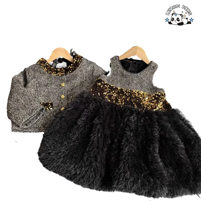 LEZONKIDS - Customizable Velour Children Sleeveless Winter Dresses Set Winter Jacket Girl Clothing Set